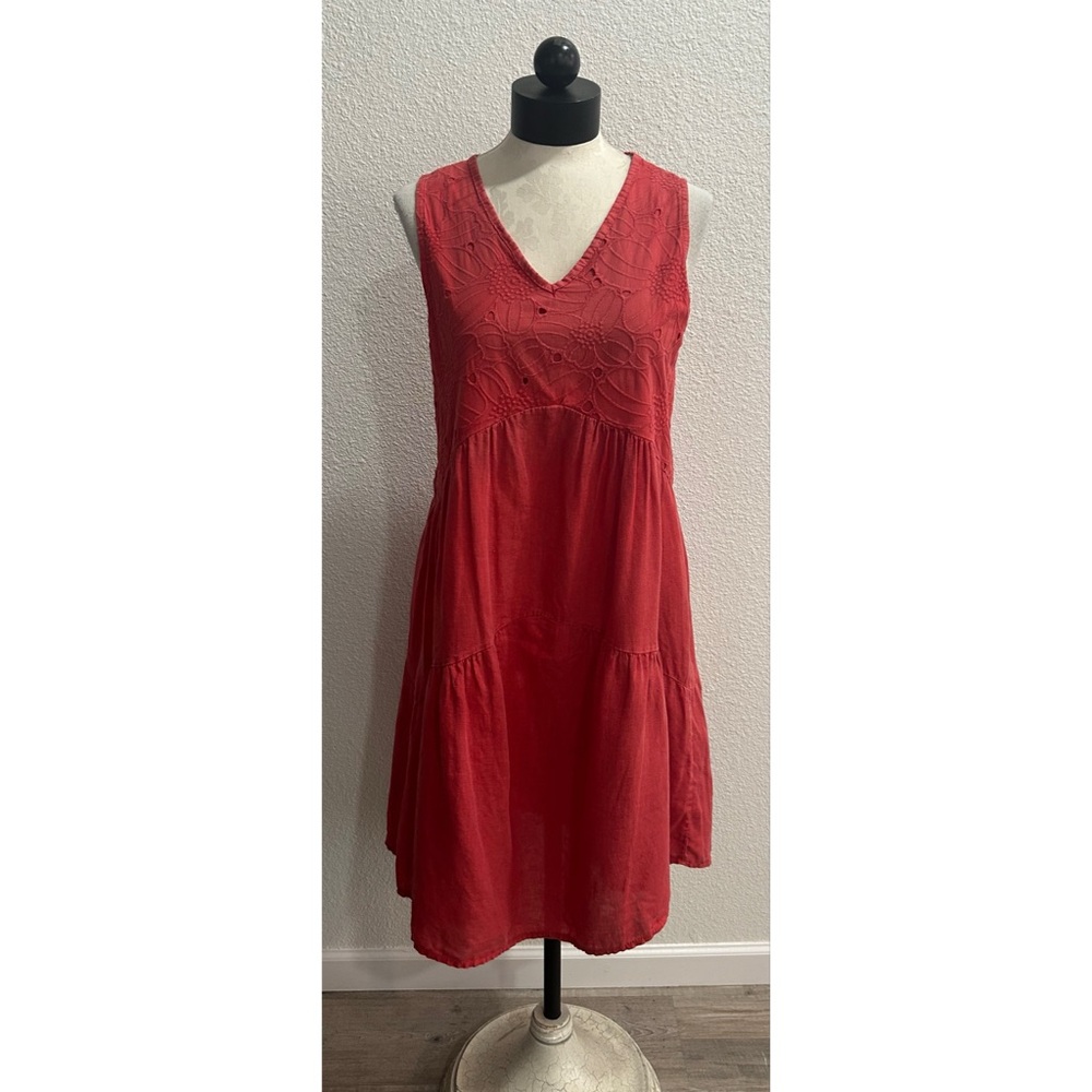 Rosemarine Linen Shift Dress Size Small Eyelet Pink Red Resort Coastal Lagenlook